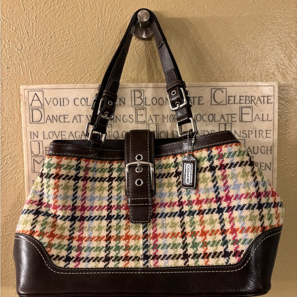 Coach Multicolor Plaid Tote with Brown Leather